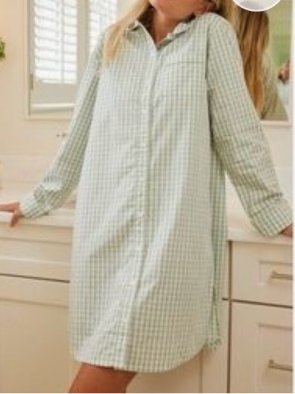 LAKE Cotton Poplin Nightshirt in Aloe Gingham Size Medium